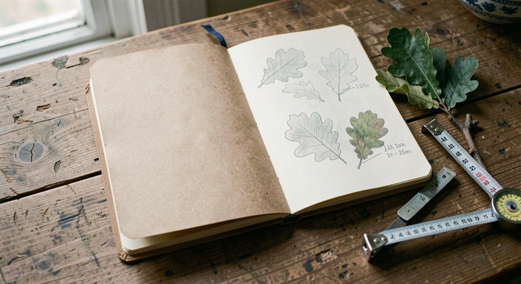 Carnet de terrain ouvert sur une table de bois, croquis de feuilles de chêne au crayon et mètre ruban replié posé à côté