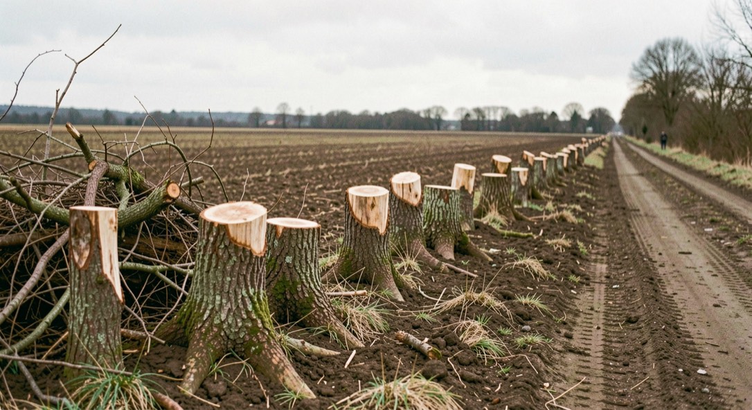 Souches fraîches d’une haie arrachée alignées le long d’une parcelle labourée, un tas de branches et de racines en bordure de chemin