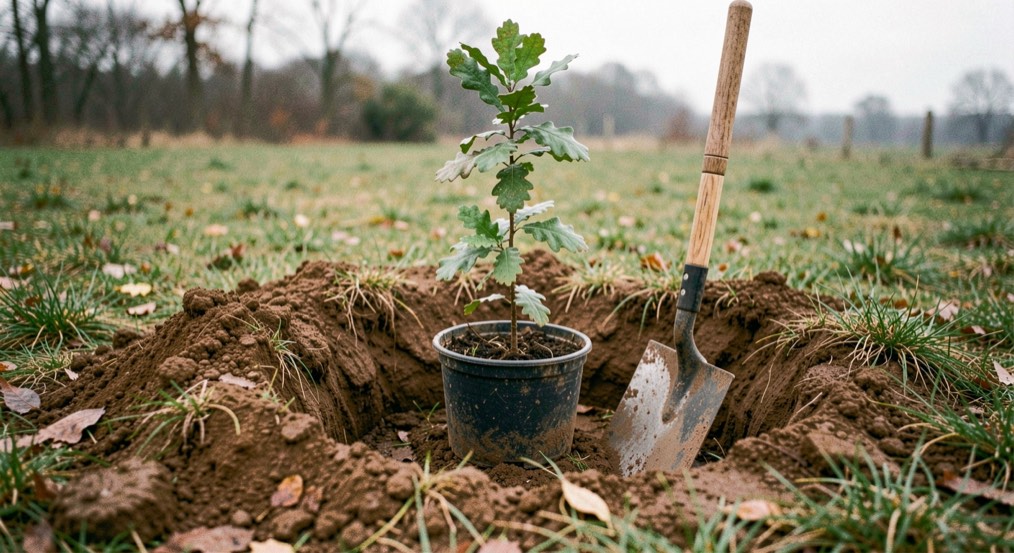 Jeune plant de chêne vert en godet posé au bord d’un trou de plantation fraîchement ouvert dans une terre argileuse brune